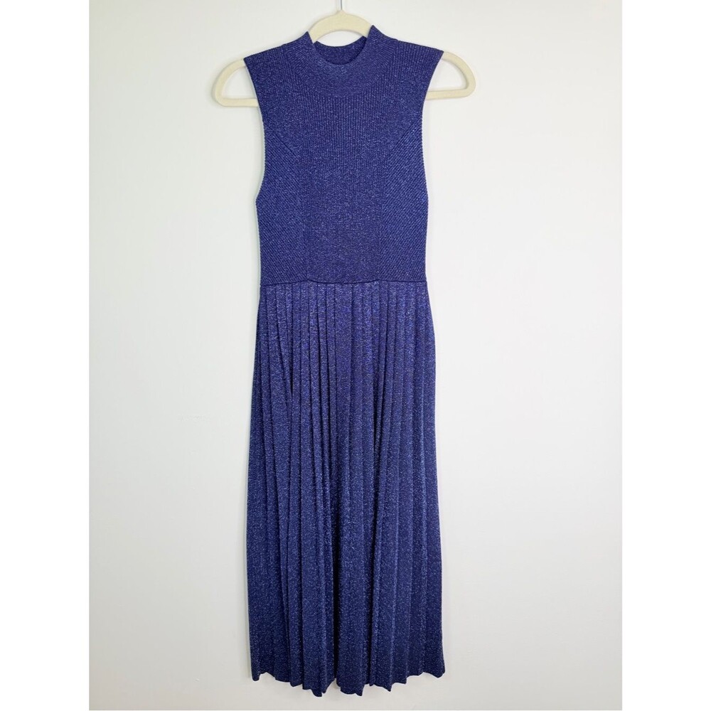 CARVEN Metallic Pleated Midi Dress Navy Sparkle Size Small $650